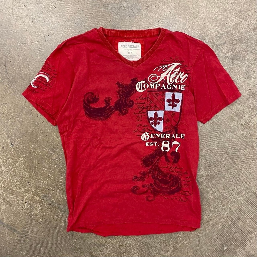 Y2K Women's Aeropostale 87 Floral Fleur De Lis V-Neck T-Shirt Size Small